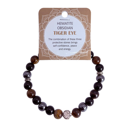 Natural Hematite, Obsidian & Tiger Eye Stone Bracelet 8mm