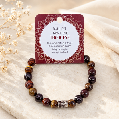 Natural Bull Eye, Hawk Eye & Tiger Eye Stone Bracelet 8mm