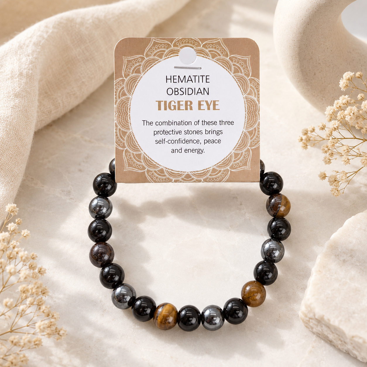 Natural Hematite, Obsidian & Tiger Eye Stone Bracelet 8mm