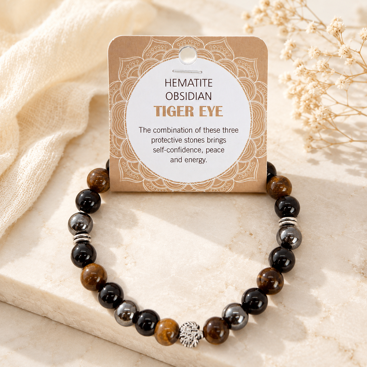 Natural Hematite, Obsidian & Tiger Eye Stone Bracelet 8mm